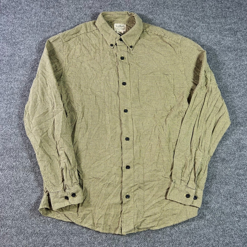 LL Bean Wicked Good Flannel Shirt Mens Medium Green Houndstooth Slightly Fitted
